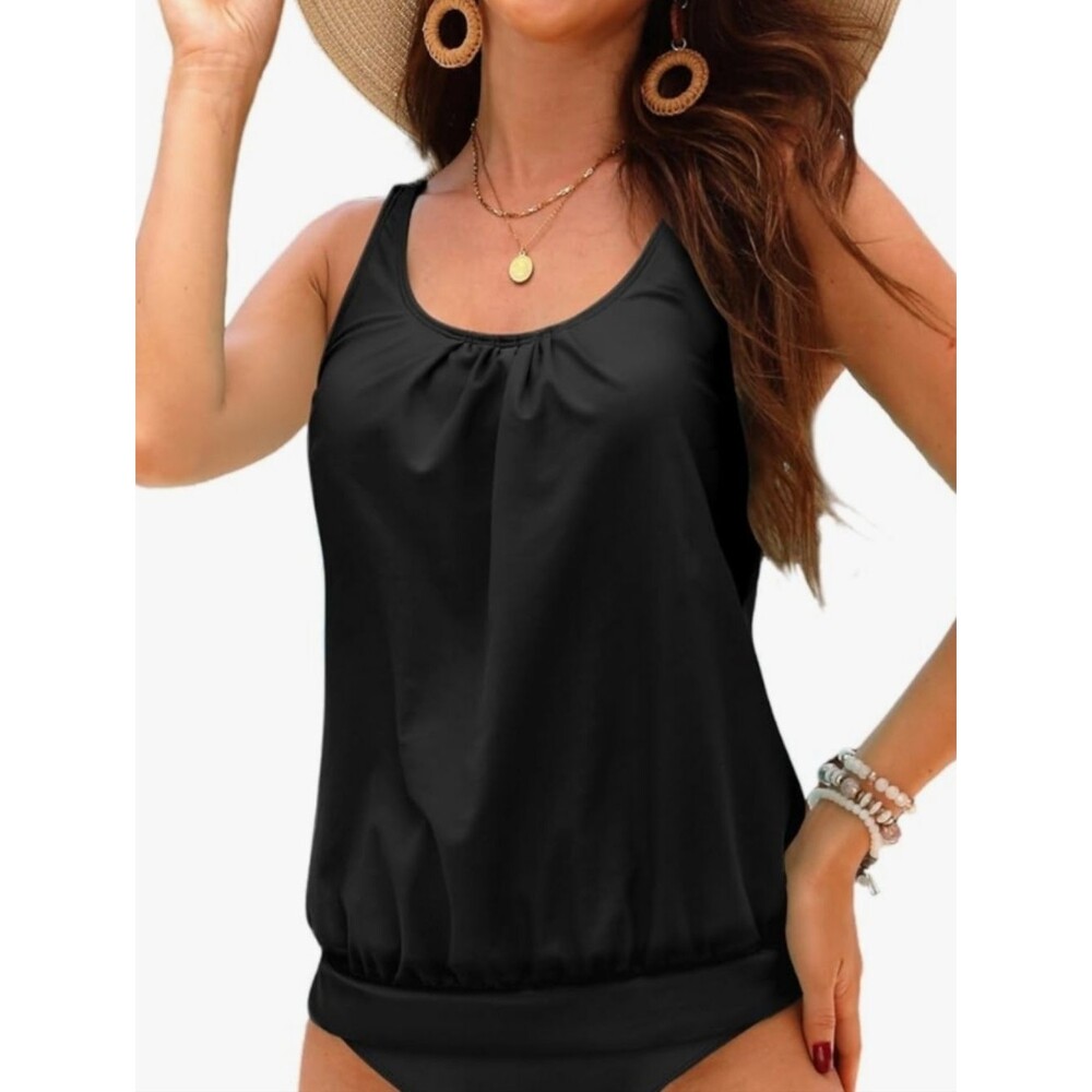 Yonique Black Blouson Tankini Top Size Medium NWT